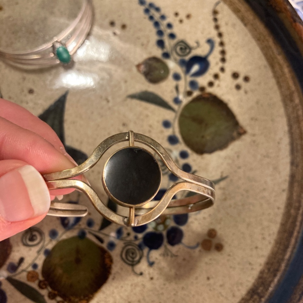 Pair Malachite shell Crystal stone Alpaca Silver bracelet Cuff - Picture 9 of 13